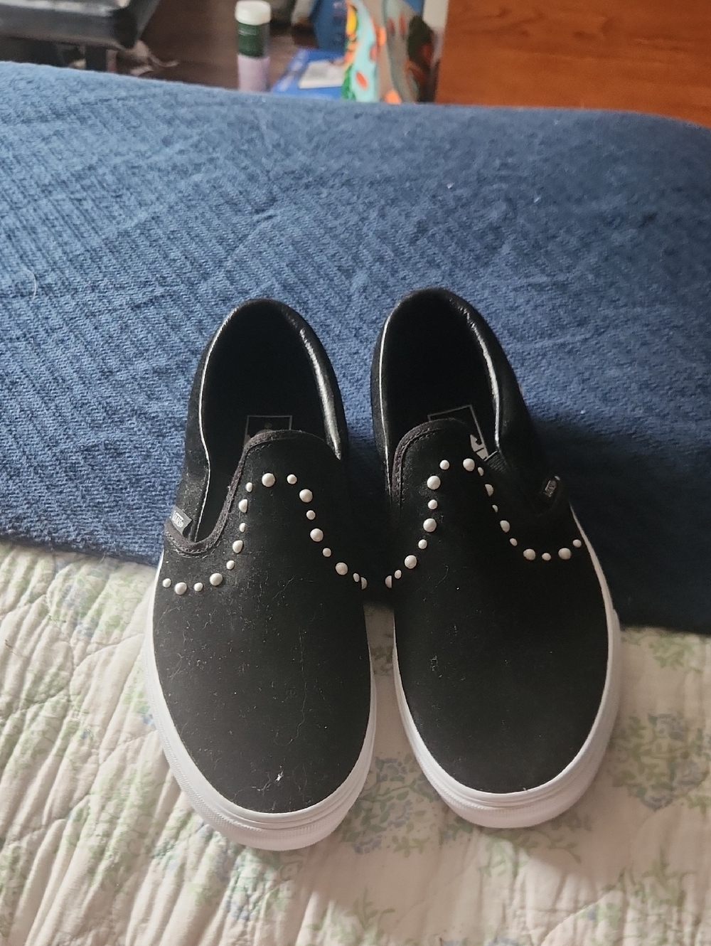 Vans Black Slip-On Flats with White Stud Detail